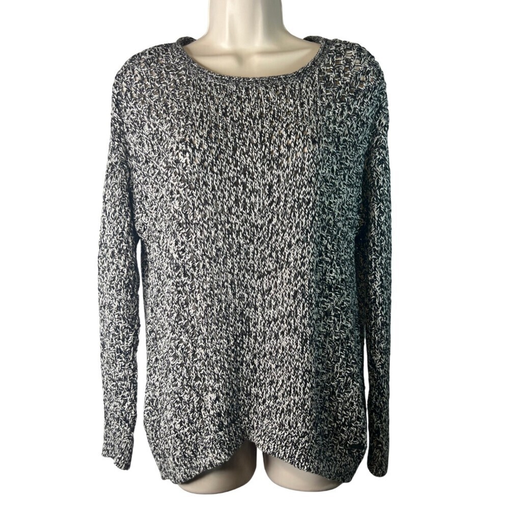 Eddie Bauer Knit Sweater Black White Marled Open Weave Casual Classic Size Small